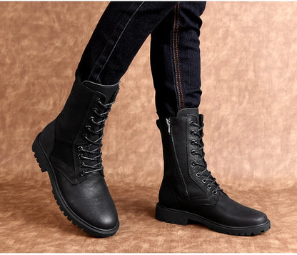 Men's Leather Motorcycle Boots Mid-Calf With Plush Lining