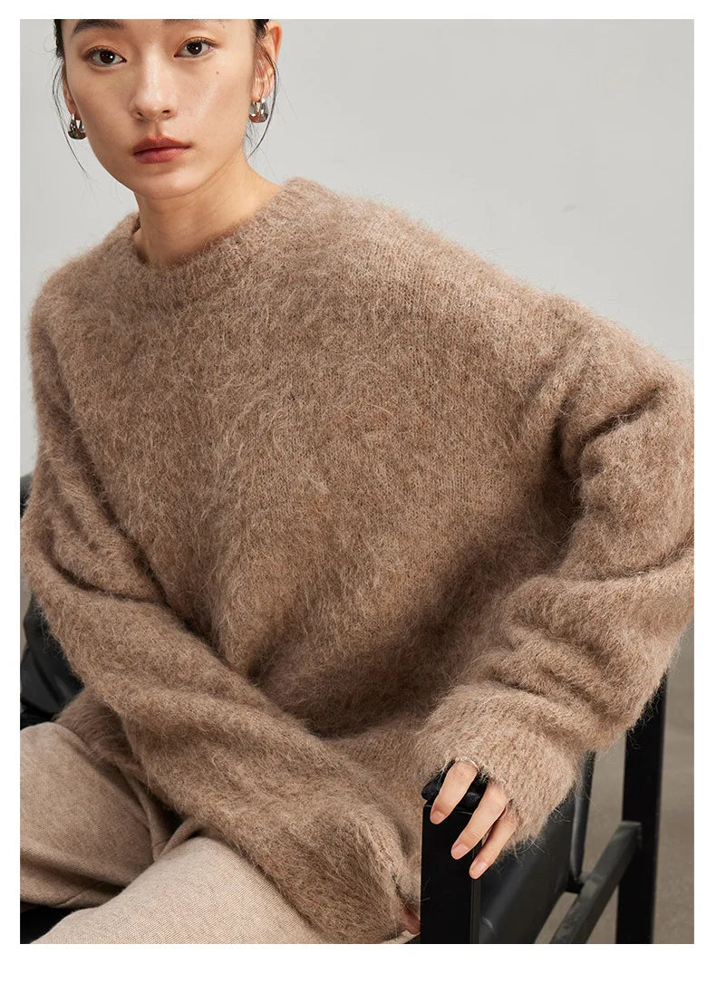 SuyaDream Warm Alpaca Pullovers for Woman, Dropped Sleeved Loose Sweaters, 2025 Fall Winter Top, Camel, Beige