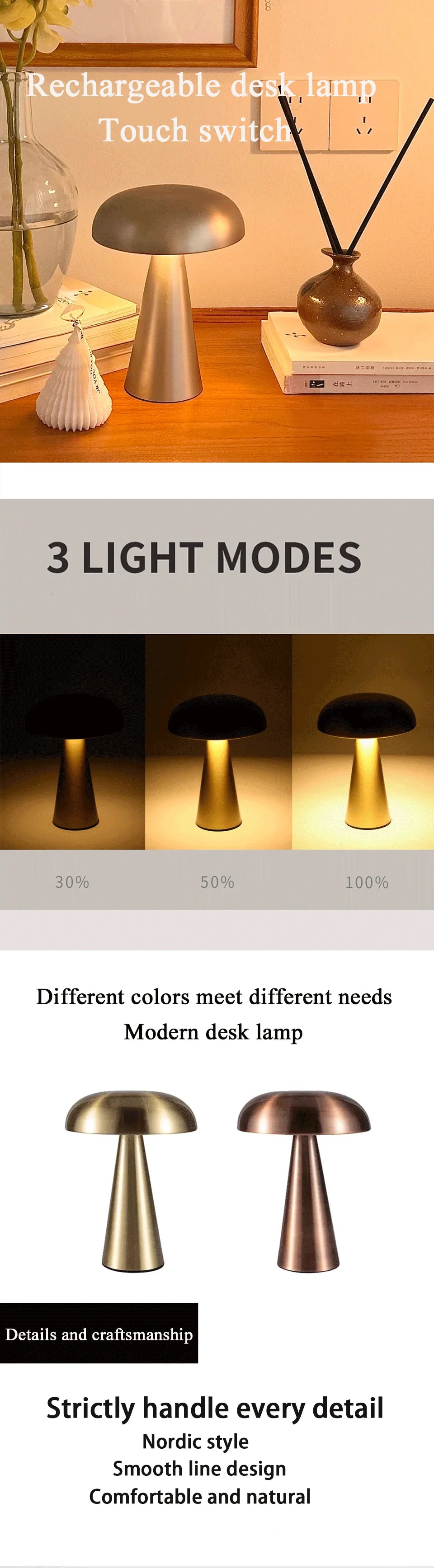 LED Table Lamp Retro Mushroom  Touch Sensor Bedside Lamp Rechargeable Reading Lights For Bedroom Restaurant Bar Decor Lighting
