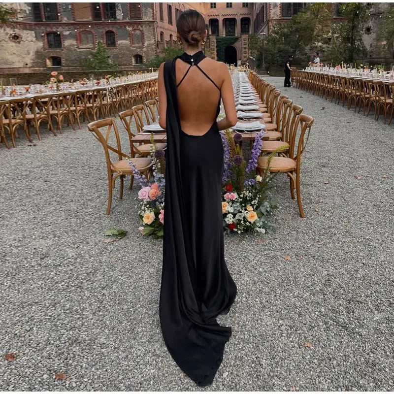 Sexy Satin Ribbon Party Dress Women Elegant Halter Backless Off Shoulder Sleeveless Female Dresses 2024 Summer Solid Robe Gown