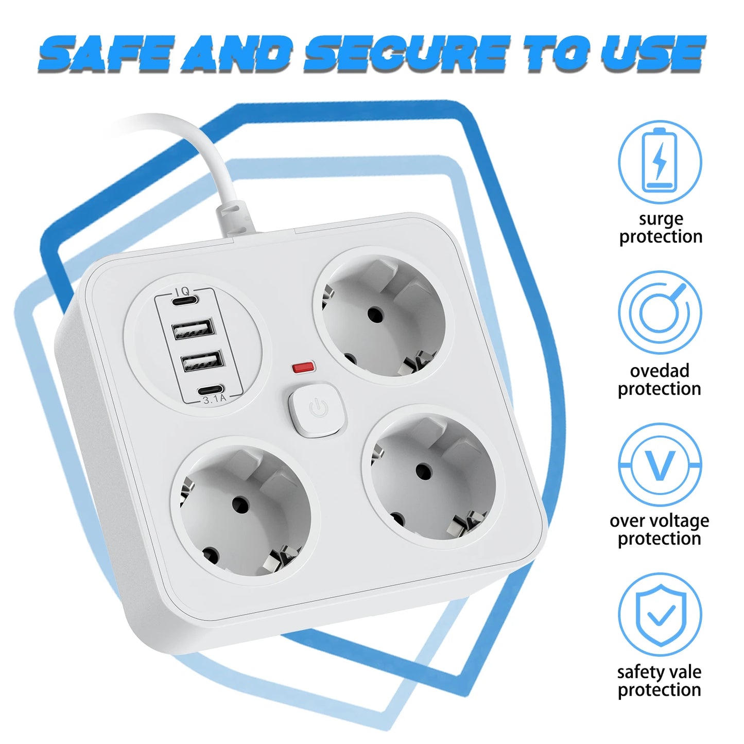 European plug extension cord power strip with 3AC+2USB-A+2USB-C with switch multi-contact socket 13A 250V 3250W surge protector
