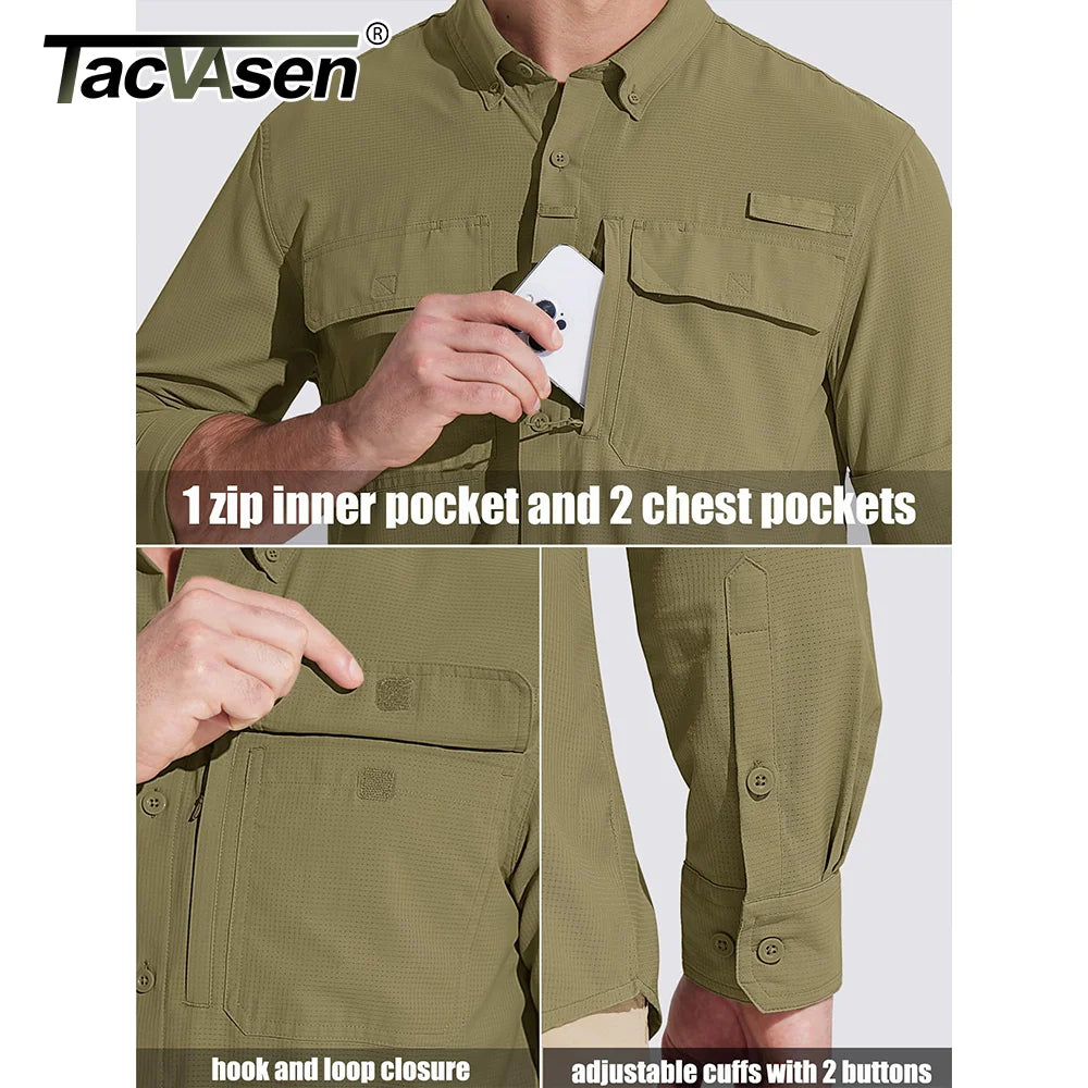 TACVASEN UPF 50+ Sun Protection Fishing Shirts Men's Quick Dry Long Sleeve Shirts Mesh Breathable Hiking Work Cargo Shirts