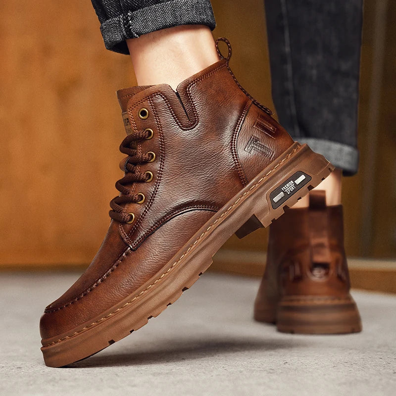 Brown Leather Mens Ankle Boots Lace Up Platform Outdoor