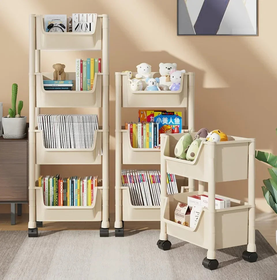 Bookshelf With Wheels Multi-Layer Movable Trolley Home Snack Organizer Shelf Kitchen Vegetable Basket Bedroom Mobile Cart Racks