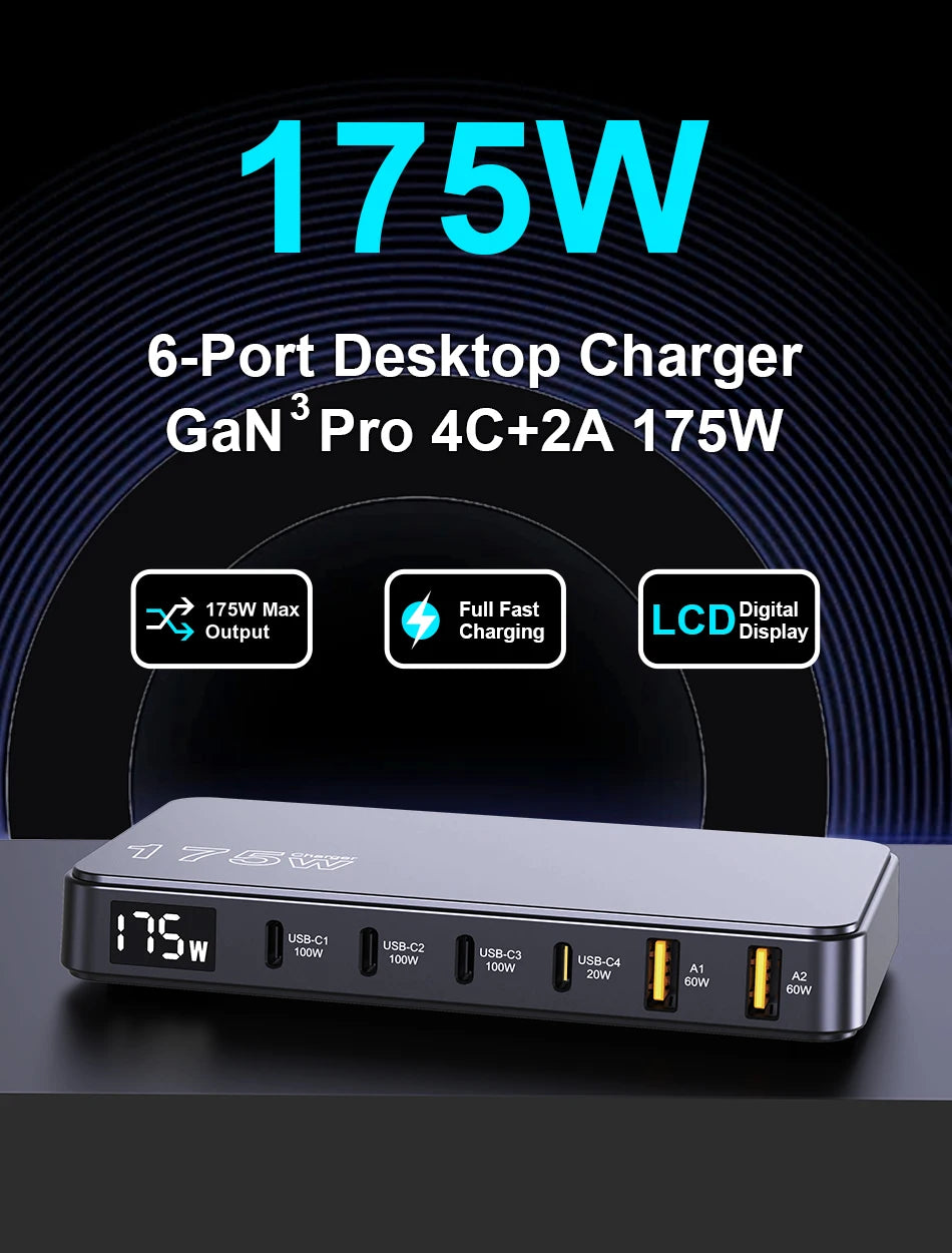 Ueetop 175W GaN USB C Charger LED Display 6-Port Desktop Charger Type C PD 100W PPS 45W Fast Charging for MacBook Samsung iPhone