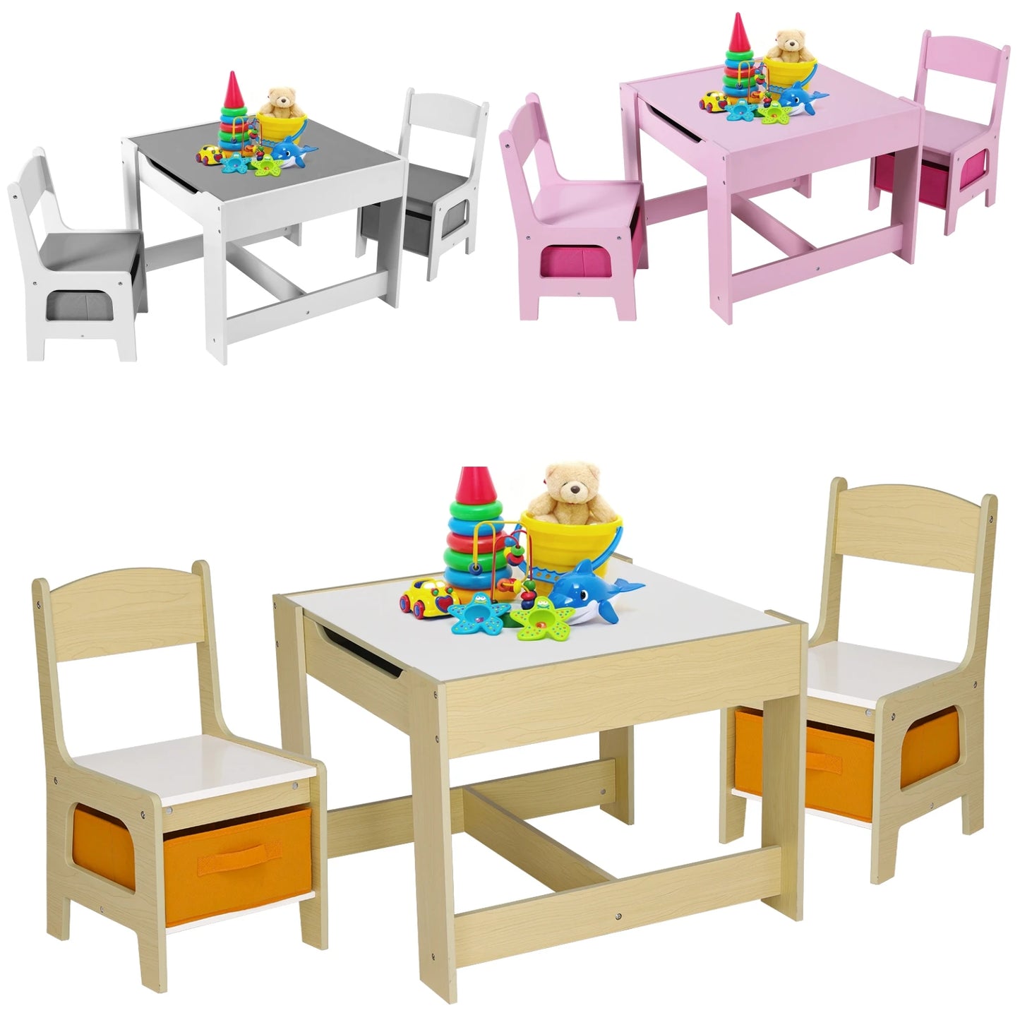 Kids Table and 2 Chairs Set W/ Storage Drawer Wooden Activity Table For Toddlers Detachable for Children Drawing Reading