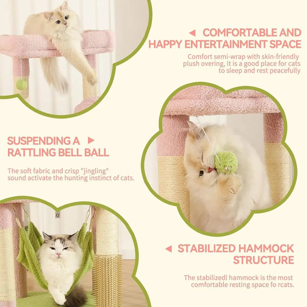 65 Pink Large Cat Tree with Extra Condo, 2 Perches, Hammock & 6 Sisal Posts