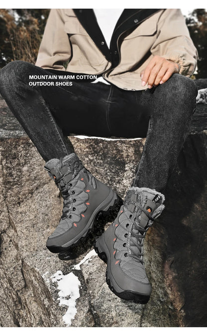 Men's Winter Snow Boots Leather Waterproof Mid-Calf Plush Lining Lace-Up