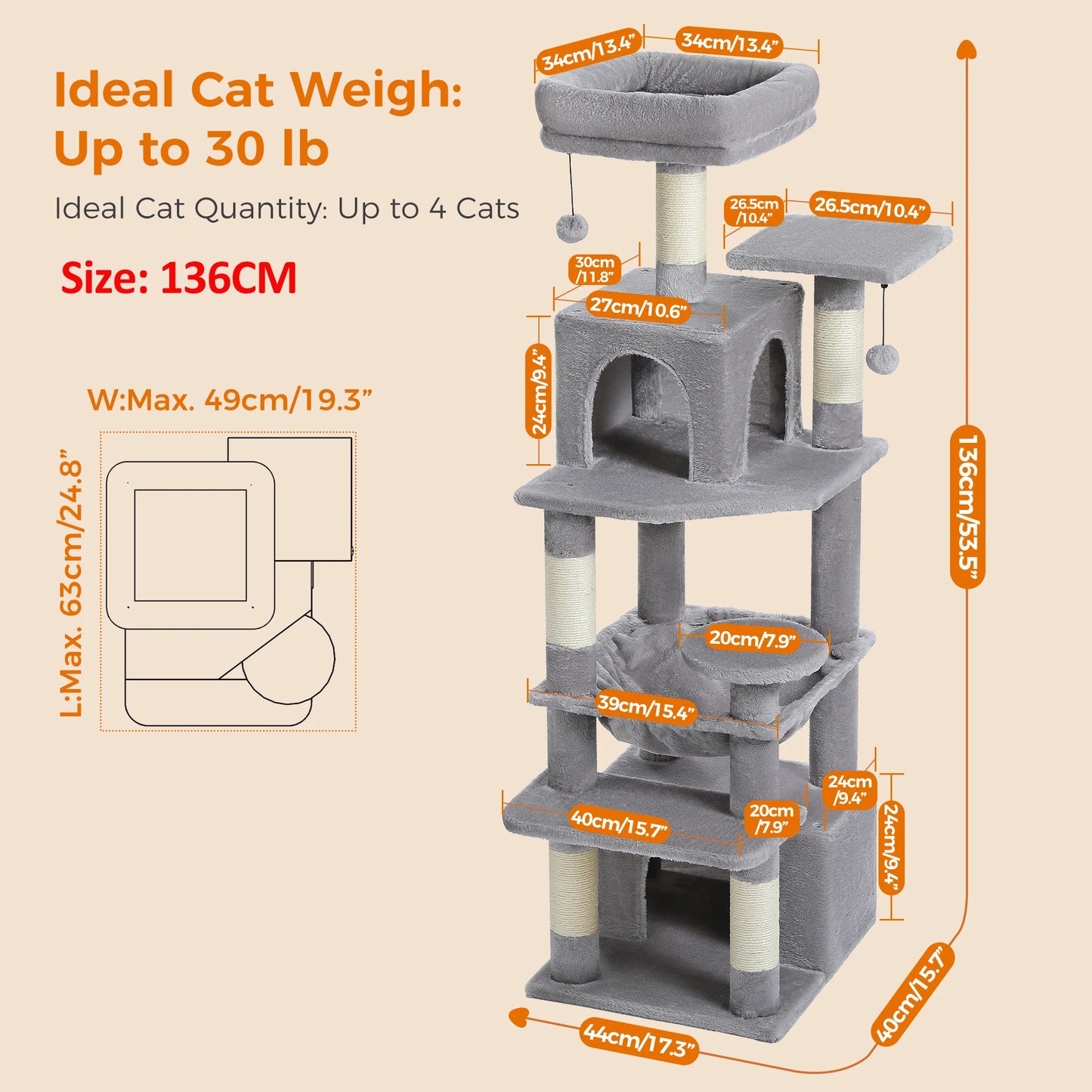 Spacious Cat Tree Tower with Hammocks and Scratching Posts