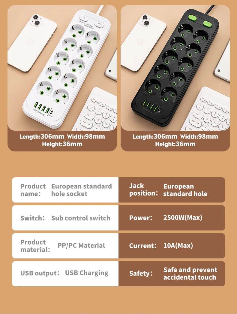 EU Plug Power Strip 6 AC Outlet Multitap Extension With 5 USB Ports 3m Cord Electrical Socket 2500W Fast Charge Surge Protector