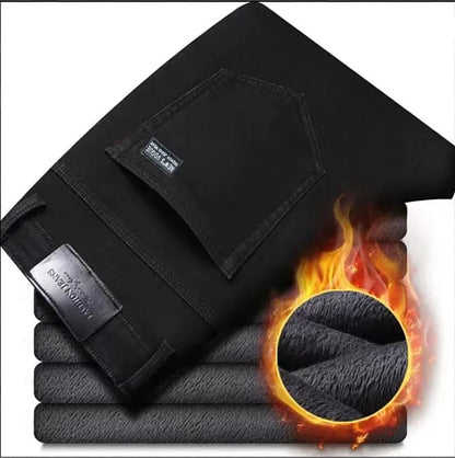 Plus Size Men's Black Straight Stretch Denim Jeans With Fleece Lined Warm Velvet