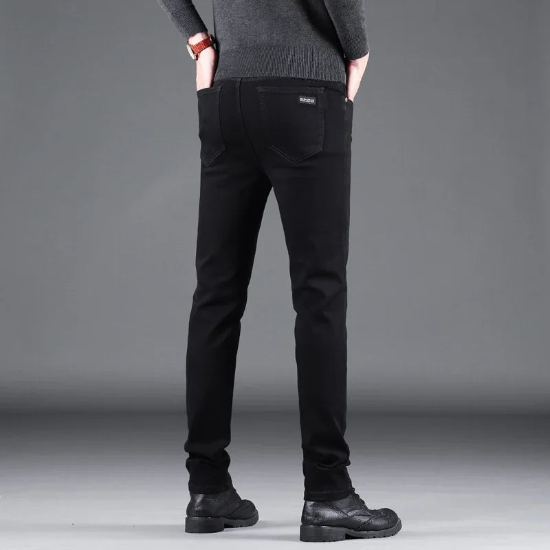Men's Elastic Slim Black Denim Jeans Straight Leg