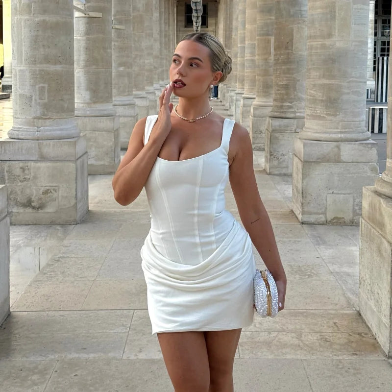 Women Square-neck Halter Mini Dress Sexy Pleated Sleeveless Backless High Waist Bodycon Dresses 2025 New Summer Lady Party Robes