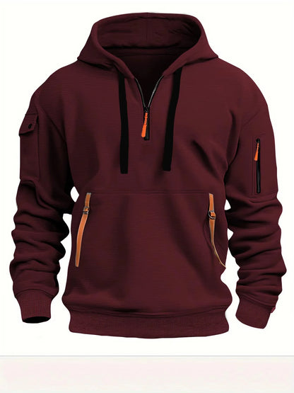 Men Hooded Windproof Pullover Hoodie With Arm Pockets Multi Zipper