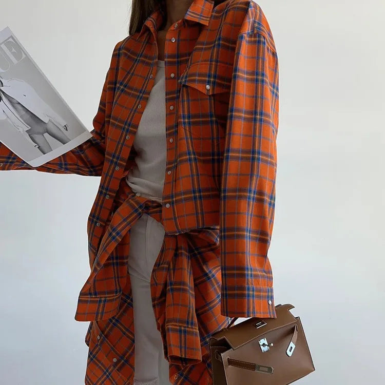 Oversized Plaid Shirt For Women Long Sleeve Button-Down Korean Style