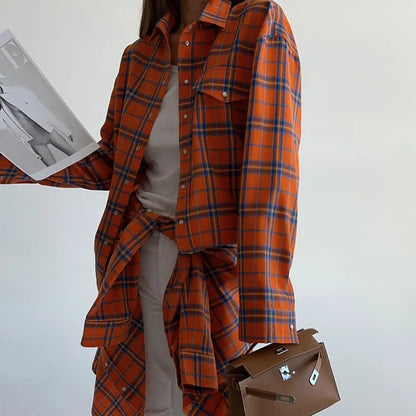 Oversized Plaid Shirt For Women Long Sleeve Button-Down Korean Style