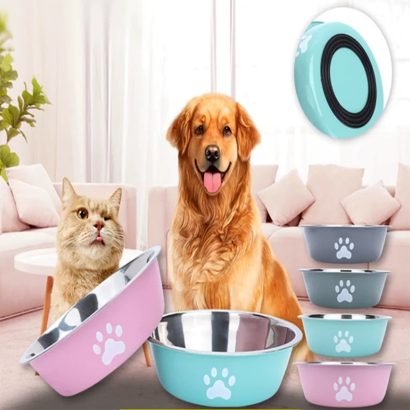 Large capacity stainless steel dog bowl anti-slip anti-rust dog water bowl pet feeder double-layer cat bowl suitable for puppies