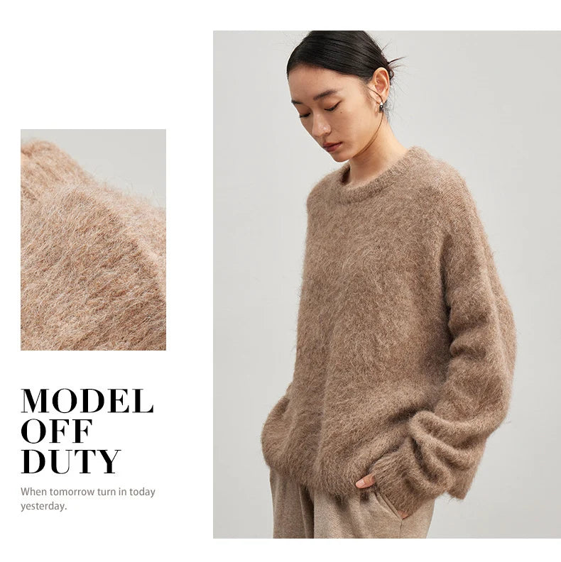 SuyaDream Warm Alpaca Pullovers for Woman, Dropped Sleeved Loose Sweaters, 2025 Fall Winter Top, Camel, Beige