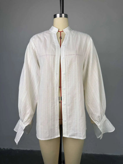 Women White Cotton Oversize Shirt Long Sleeve Stand Collar