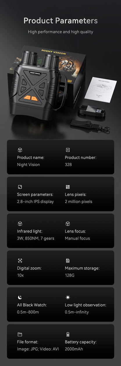 Night Vision Binoculars 10x Digital 1080P Infrared 800m 2.8in LCD