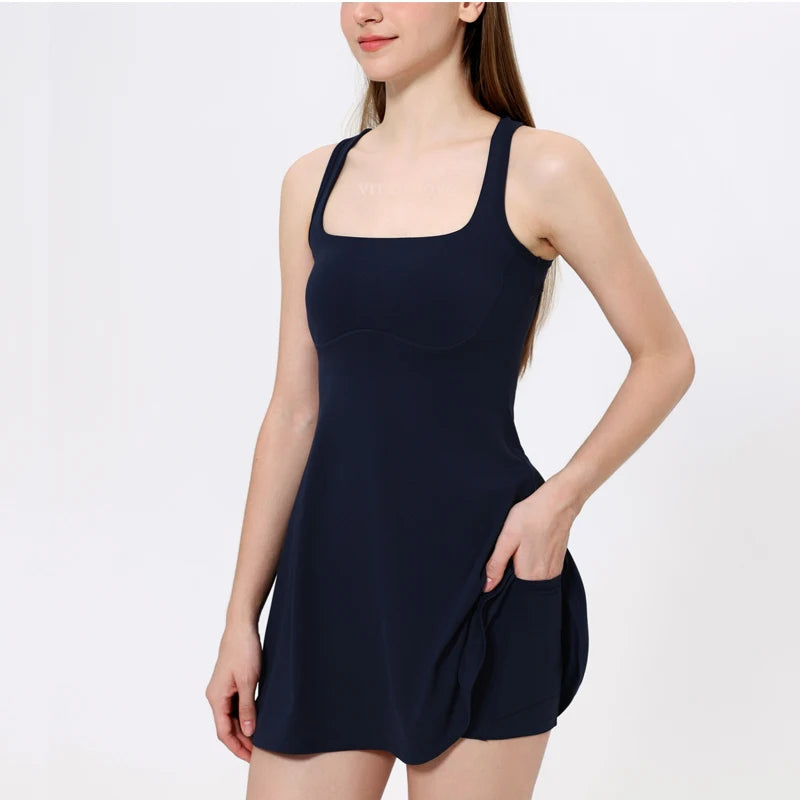 VITALINOVO Square Neck Womens Two Pieces Tennis Dress with Shorts Open Racerback Built-in Bra Workout Athletic Golf Dresses