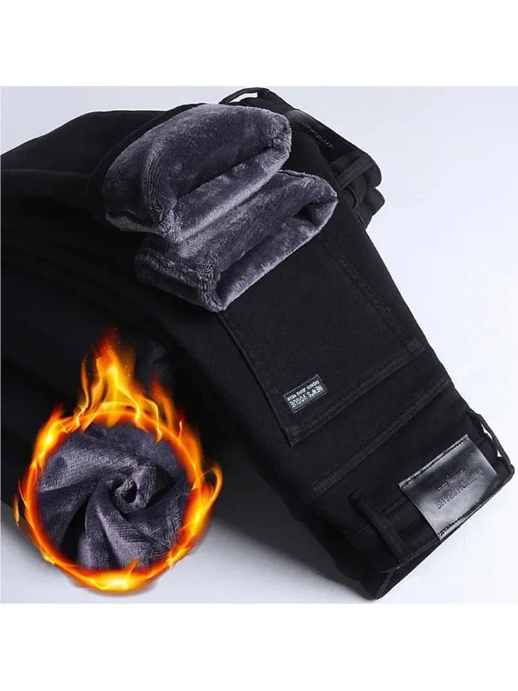 Plus Size Men's Black Straight Stretch Denim Jeans With Fleece Lined Warm Velvet