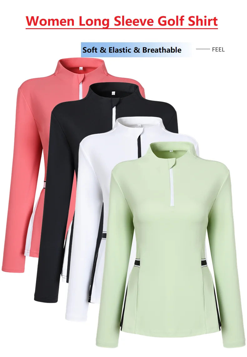 2025 New Golf Shirt Women Long Sleeve Zipper Collar T-Shirt Ladies Slim Pleated Golf Tops Breathable Casual Tennis Sportswear