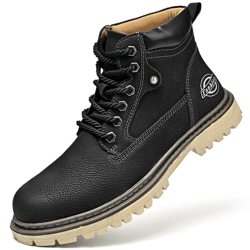 Leather Men Work Boots Mid Calf Ankle High Top Non Slip
