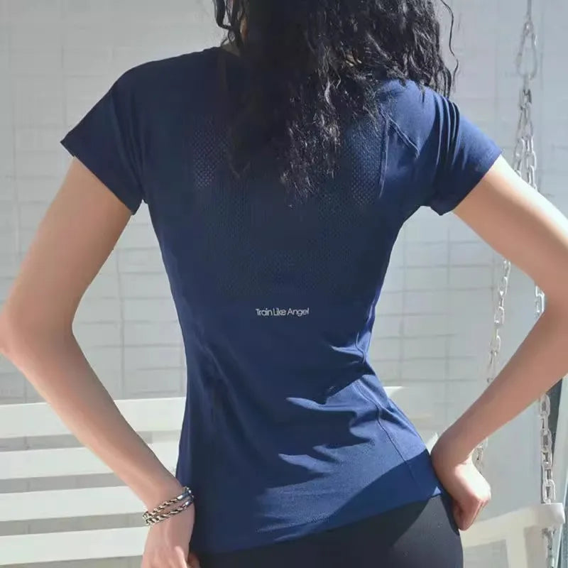 Spring and Summer Loose Women's Sports Short-sleeved Quick-drying Running Yoga Fitness T-shirt Mesh Breathable Neck Pullover Top