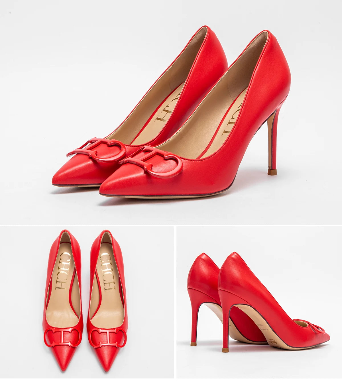 Women's Pointed Toe Pumps With Ankle Strap, 9cm Heel, Metal Buckle