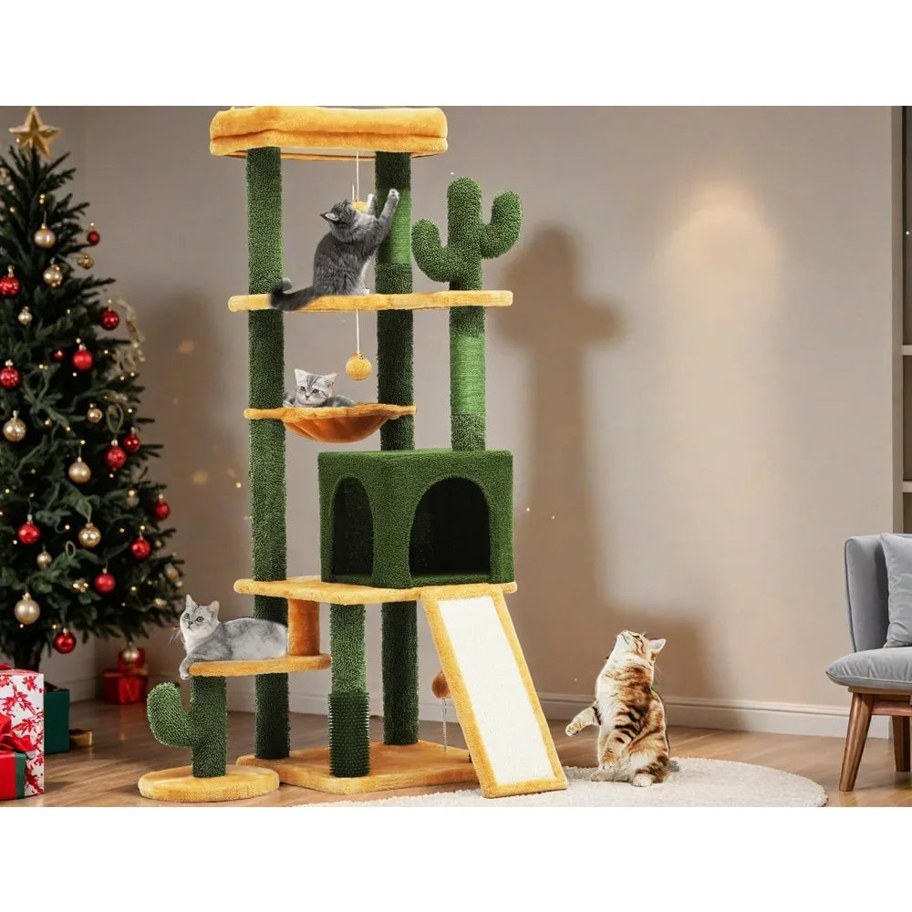 60in Tall Cactus Cat Tree Tower with Self-Grooming Brush, Climbing Condo, Perch, Basket, Scratching Posts for Indoor Cats