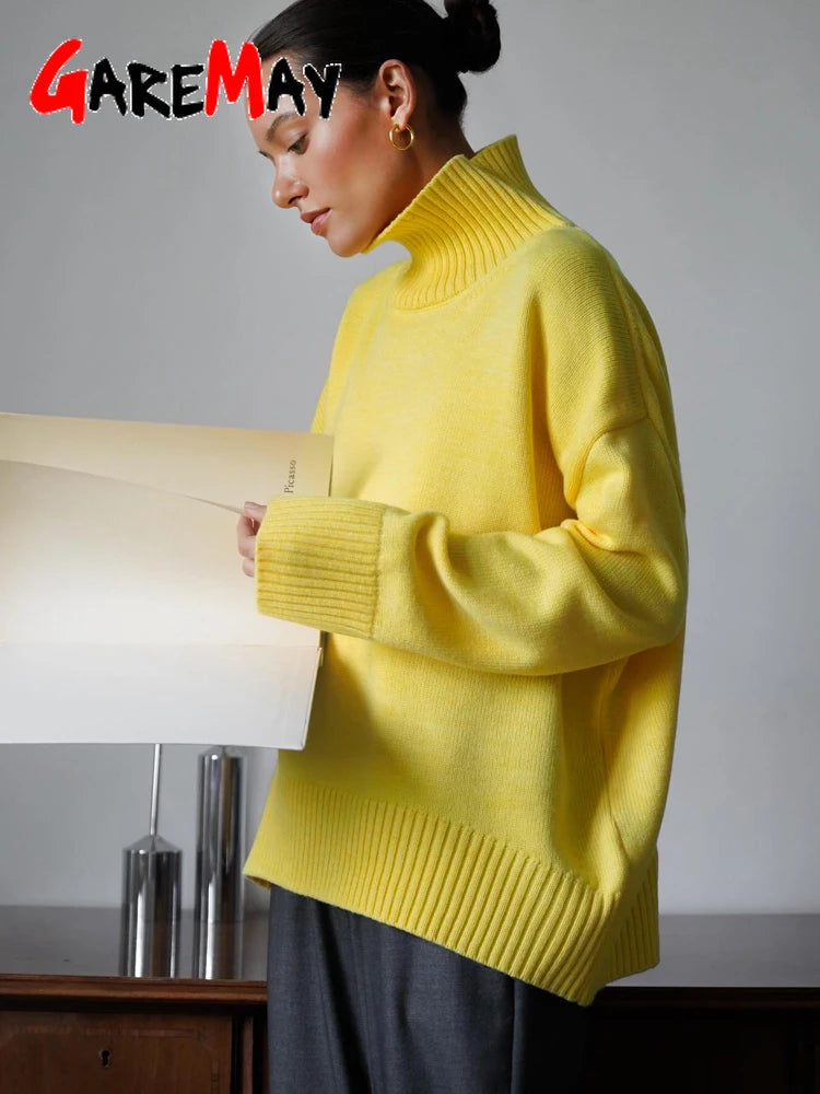 Women's Oversized Turtleneck Knitted Sweater Regular Length Soft Knit