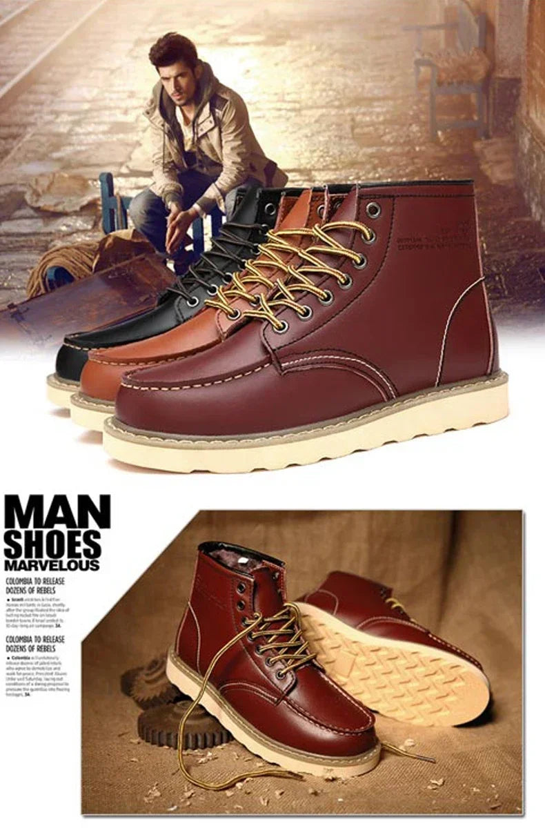 Mens Leather Winter Snow Boots With Fur Waterproof Ankle High Top