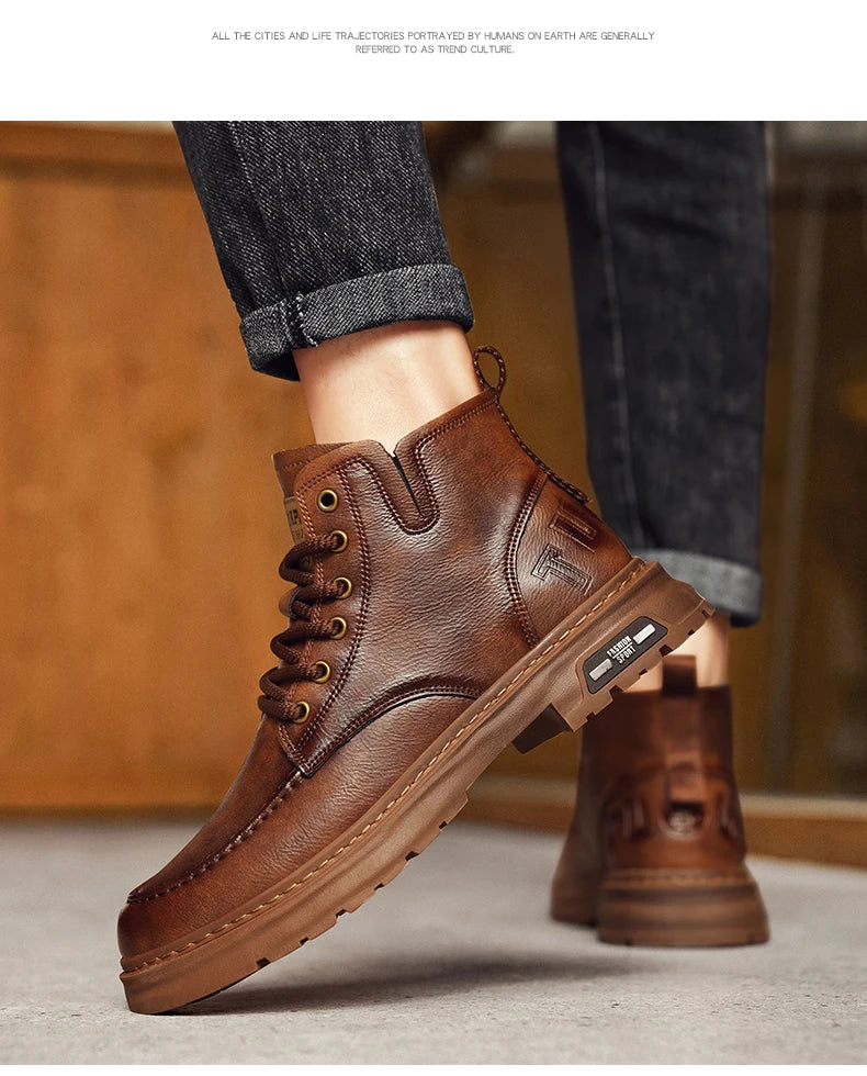 Brown Leather Mens Ankle Boots Lace Up Platform Outdoor