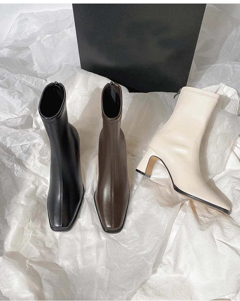 Vintage Warm Cotton Women Ankle Boots Fashion Elegant Square Toe Shoes Autumn Winter Thick Heel Women's Short Booties