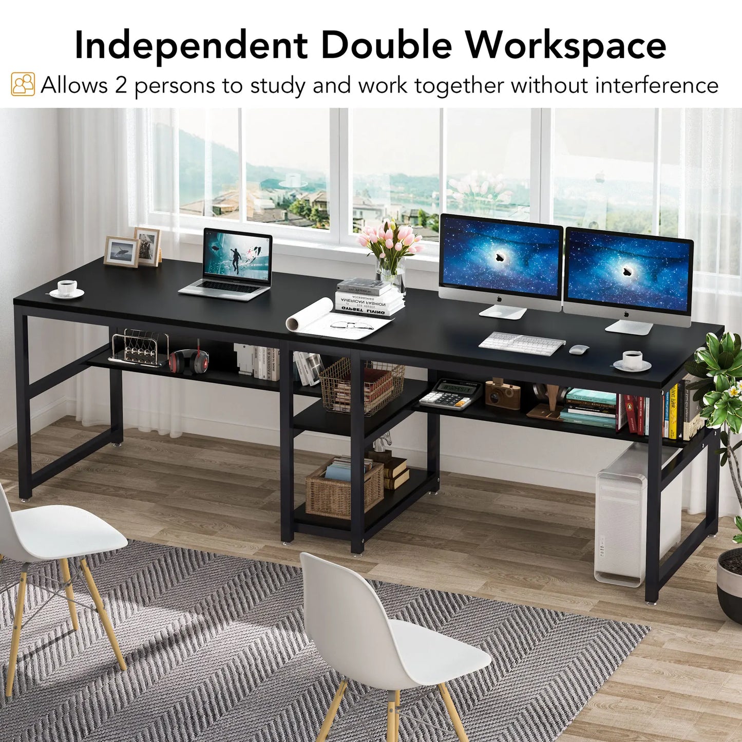 Tribesigns Two Person Desk with Bookshelf, 78.7 Computer Office Double Desk for Two Person, Rustic Writing Desk Workstation