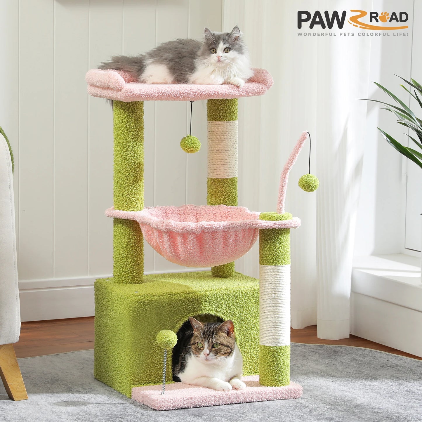 Small Cat Tree with Cozy Condo Hammock Top Perch Cat Scratching Post for Indoor Multi-Level Cat Tower Cat Scratcher Kitten Toys