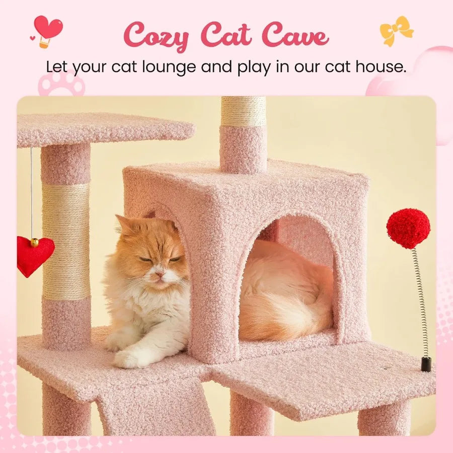 Cute Cat Tree 63.8-Inch Pink Cat Tower for Indoor Cats Multi-Level Cat Condo with 5 Scratching Posts 2 Perches Hammock Dangling