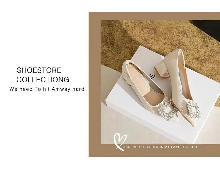 Women's Elegant Black Mid Block Heels Pumps with Crystal Rhinestone Pointed Toe Dress Shoes