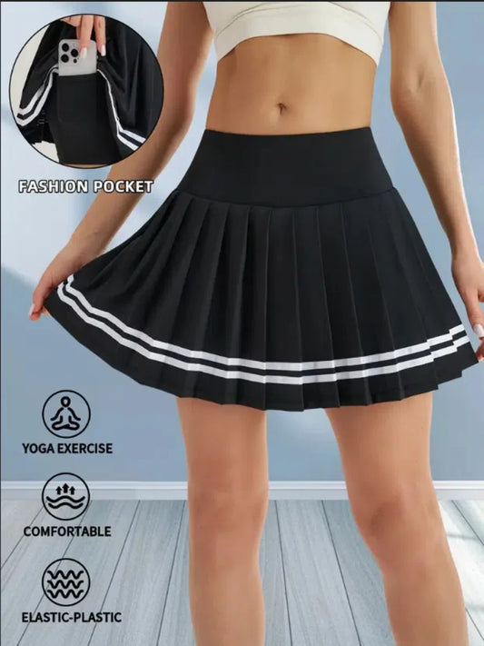 Pleated Skirt 2-in-1 Tennis Skorts With Inner Pockets Bouffancy Stripe High Waist Sportwear Outwear Quick Dry Fitness For Women