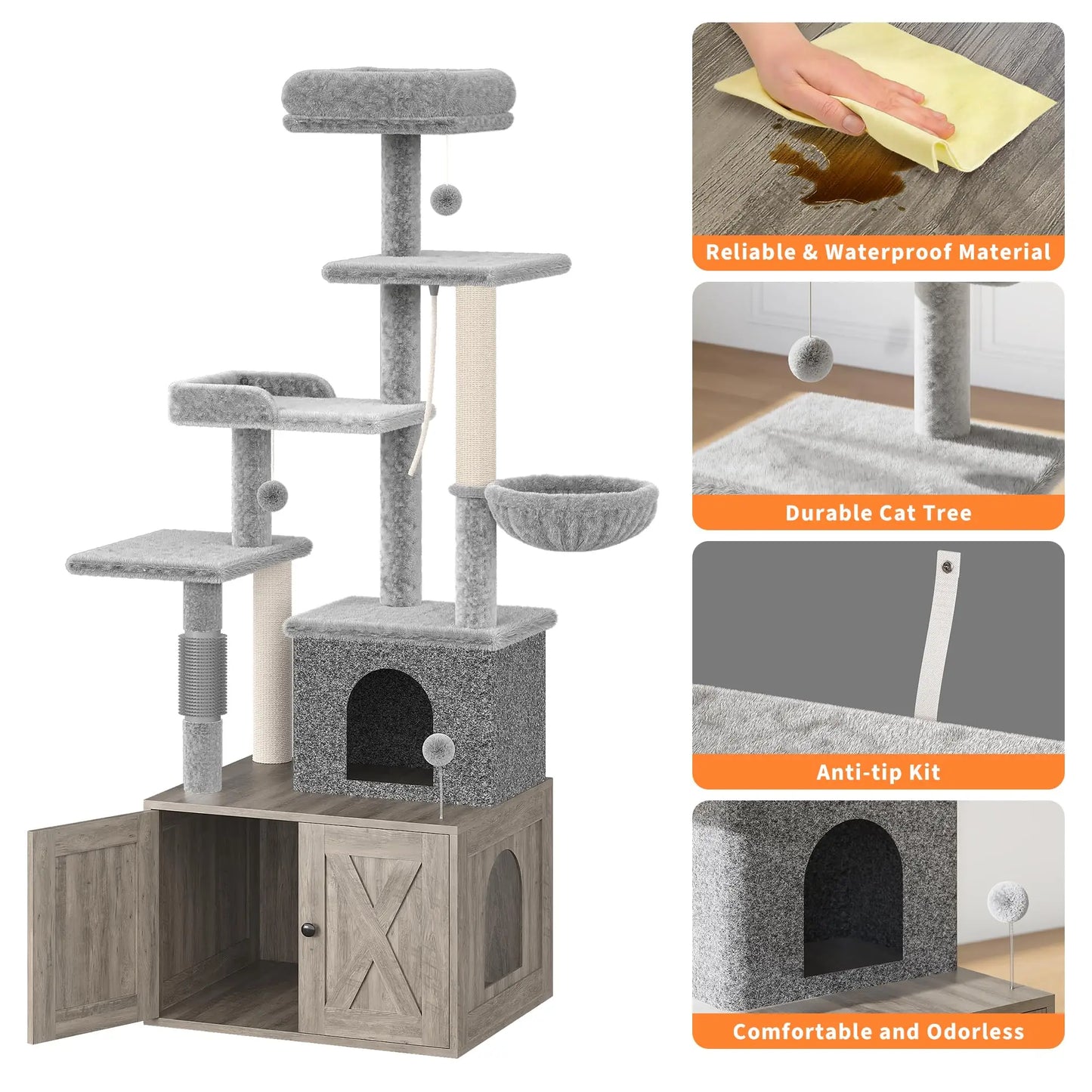 55" 2-in-1 Cat Tree With Litter Box Enclosure Multilevel Cat Play House Large Condo Hammock Scratching Post Odor Control Indoor