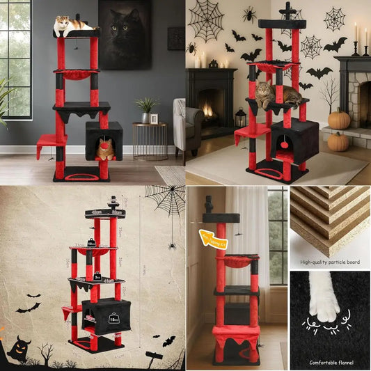 Halloween-Themed 66 Tall Gothic Cat Tree with Bed, Hammock, Toys, and Scratching Posts in Black and Red