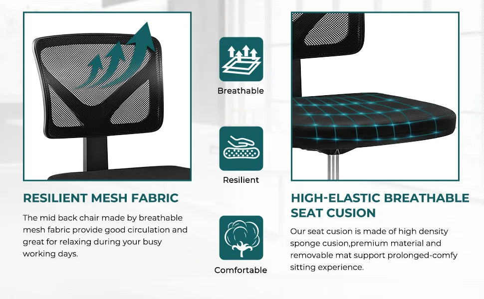 JHK Mesh with Lumbar Support Armless Office Chair Low Back with Wheels Adjustable Height 360° Rolling Swivel Computer Chair