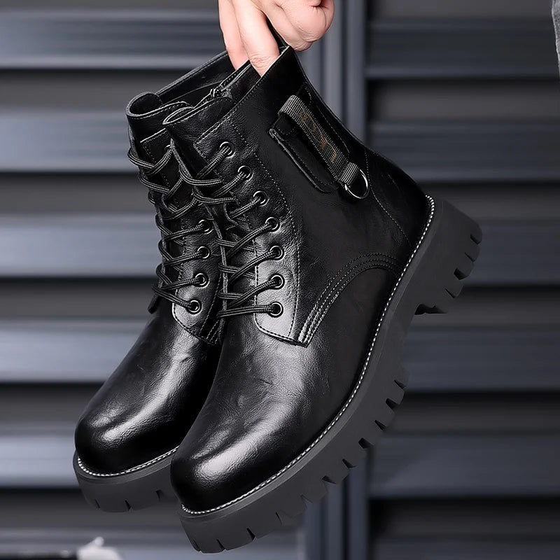 Mens Genuine Leather Motorcycle Boots Mid Calf With Thick Sole