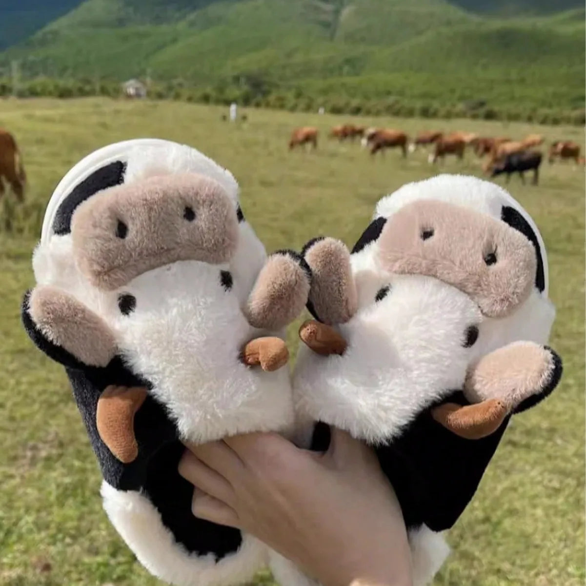 Cartoon Cow Plush Slippers For Women Winter Indoor Non-Slip Rubber Sole