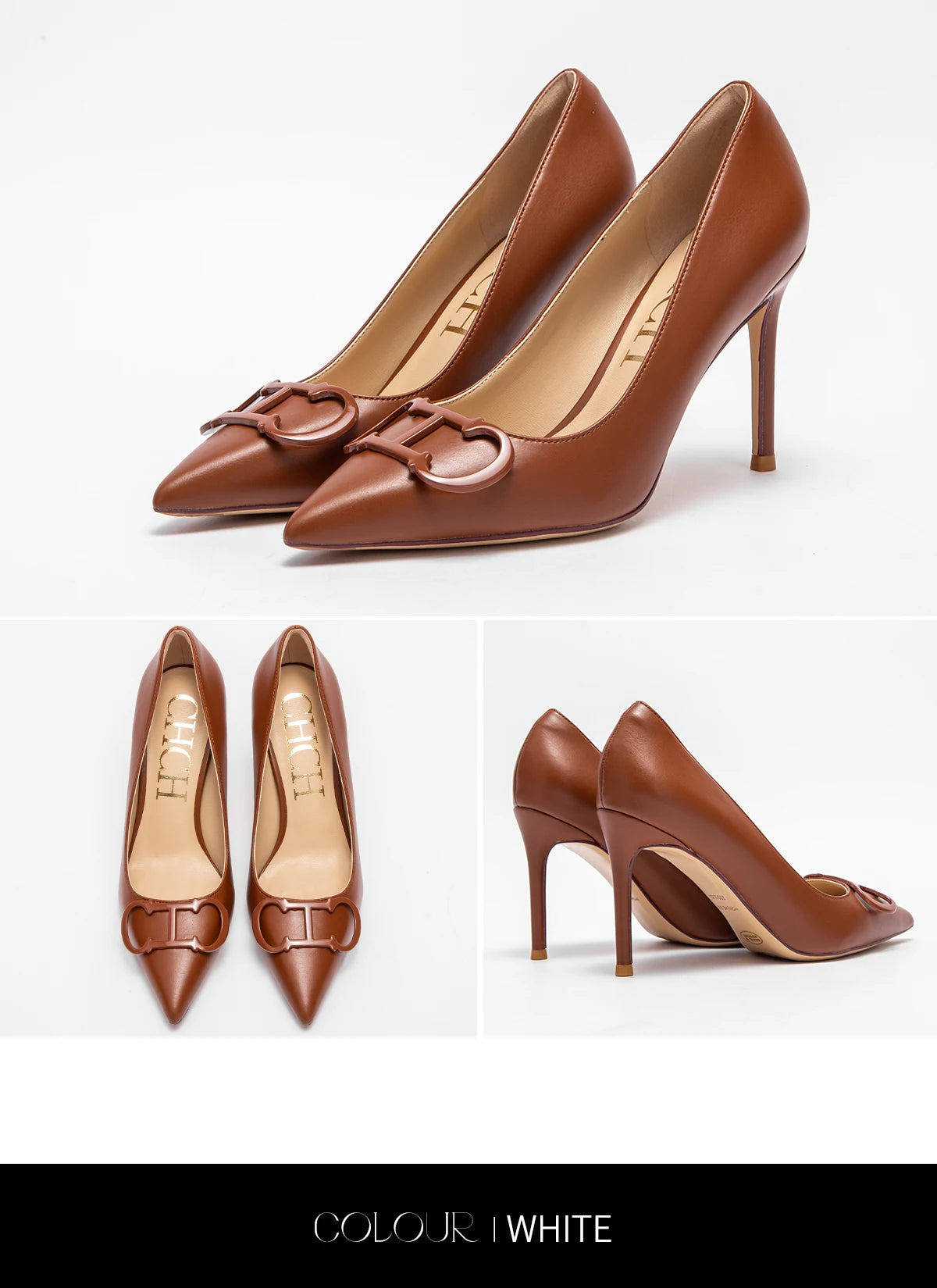 Women's Pointed Toe Pumps With Ankle Strap, 9cm Heel, Metal Buckle