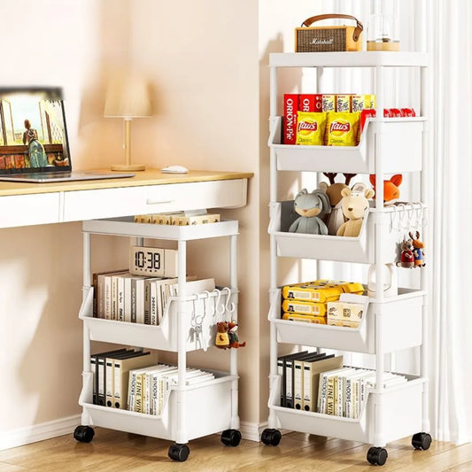 Bookshelf With Wheels Multi-Layer Movable Trolley Home Snack Organizer Shelf Kitchen Vegetable Basket Bedroom Mobile Cart Racks