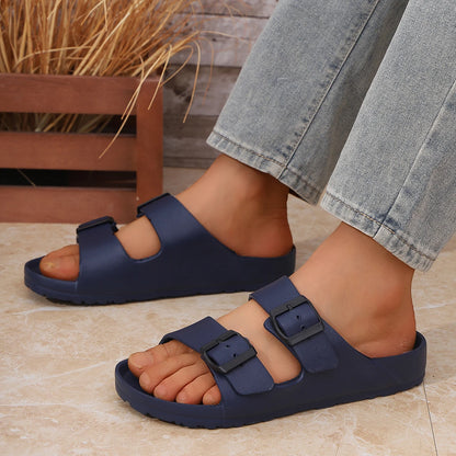 Slippers For Men Buckle Adjustable EVA Slip On One Piece Double Bar Flat