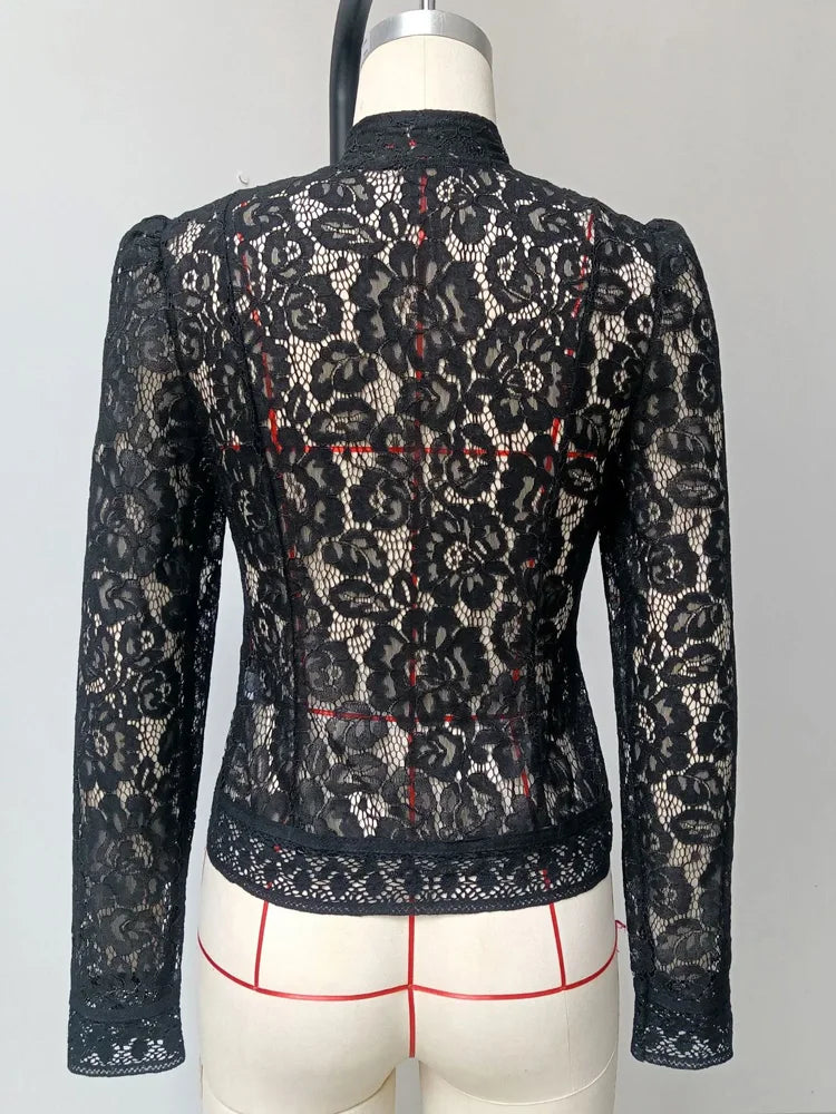 Tossy Summer Lace Printed Shirts Tops Female Hollow Out Fashion Commute Vintage See-Through Blouse Women's Lace Shrug Shirts New