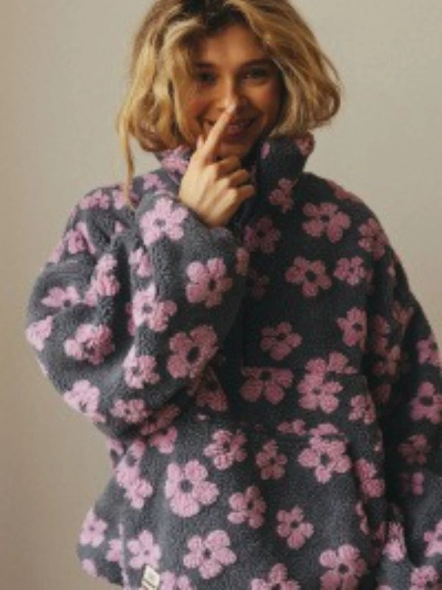 Blubelle New Autumn Winter Women's Sherpa Floral Pullover Hoodies Half Zip Style Loose Fit Warm Stylish Sweatshirt